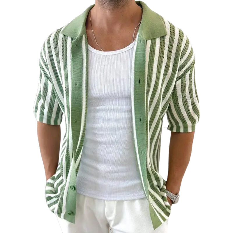 Herren Sommer Strickhemd mit Streifen und kurzen Ärmeln
