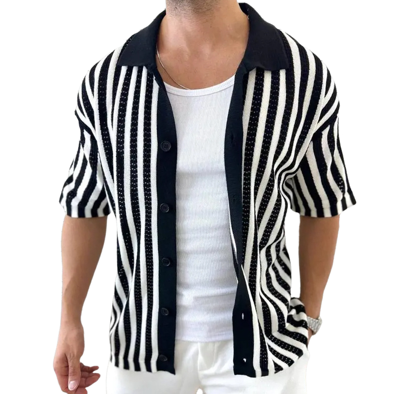 Herren Sommer Strickhemd mit Streifen und kurzen Ärmeln