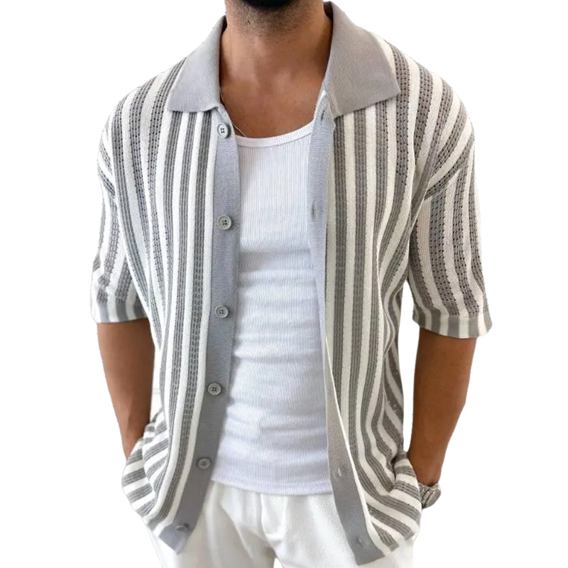 Herren Sommer Strickhemd mit Streifen und kurzen Ärmeln