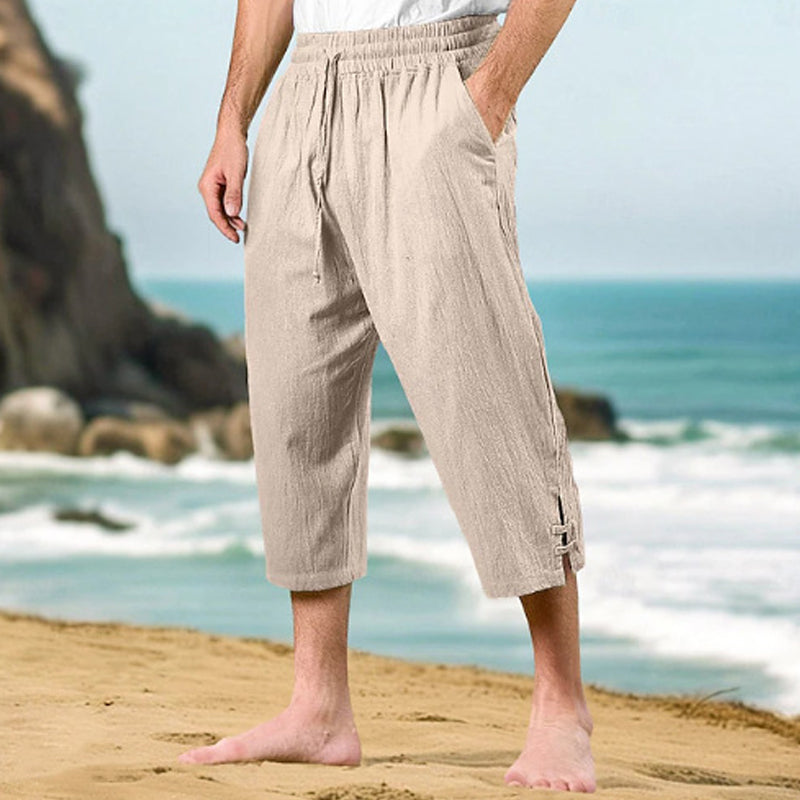 Herren 3/4 Freizeithose aus Baumwoll-Leinen mit elastischem Bund