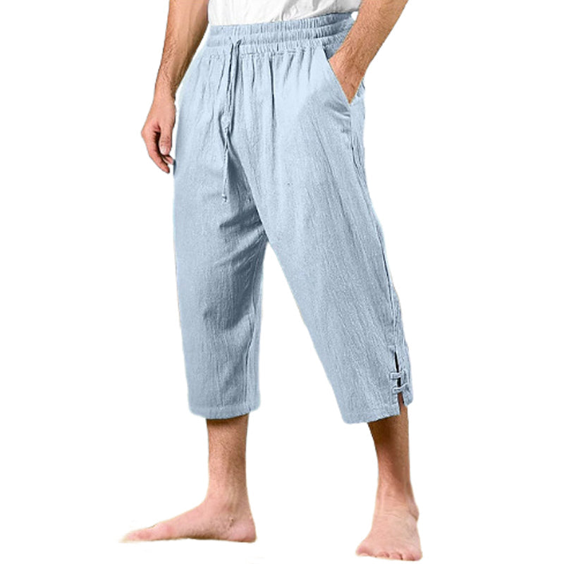 Herren 3/4 Freizeithose aus Baumwoll-Leinen mit elastischem Bund