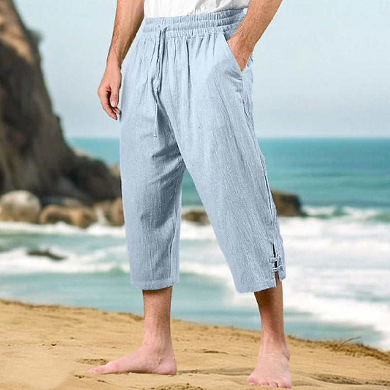 Herren 3/4 Freizeithose aus Baumwoll-Leinen mit elastischem Bund
