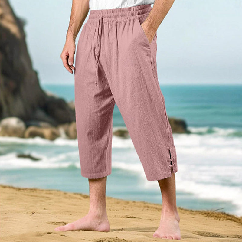 Herren 3/4 Freizeithose aus Baumwoll-Leinen mit elastischem Bund