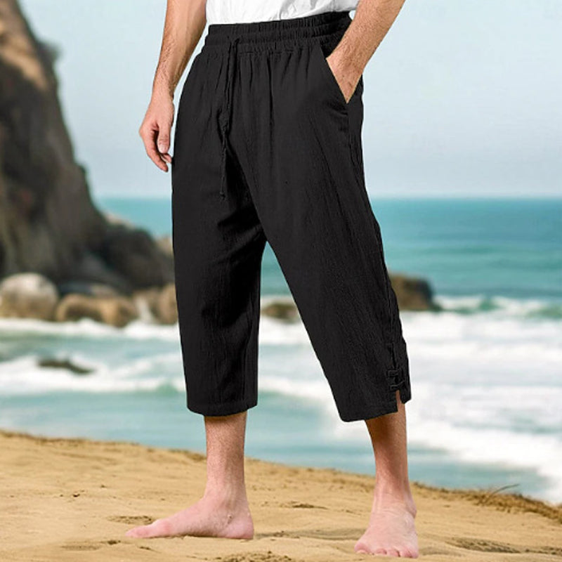 Herren 3/4 Freizeithose aus Baumwoll-Leinen mit elastischem Bund
