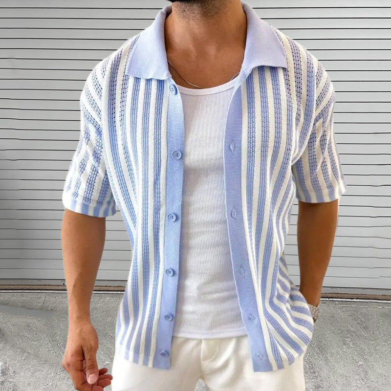 Herren Sommer Strickhemd mit Streifen und kurzen Ärmeln