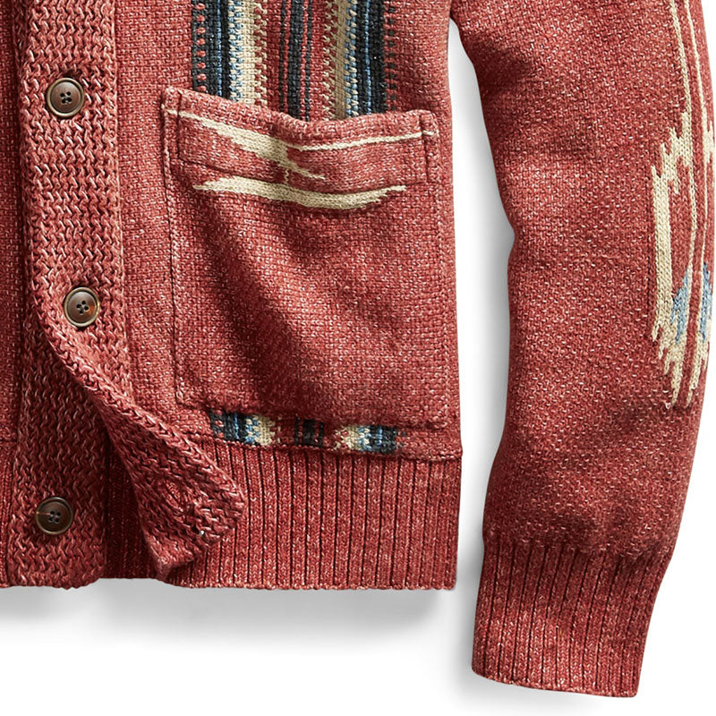 Herren Vintage Jacquard Strick-Cardigan mit Reverskragen und langen Ärmeln