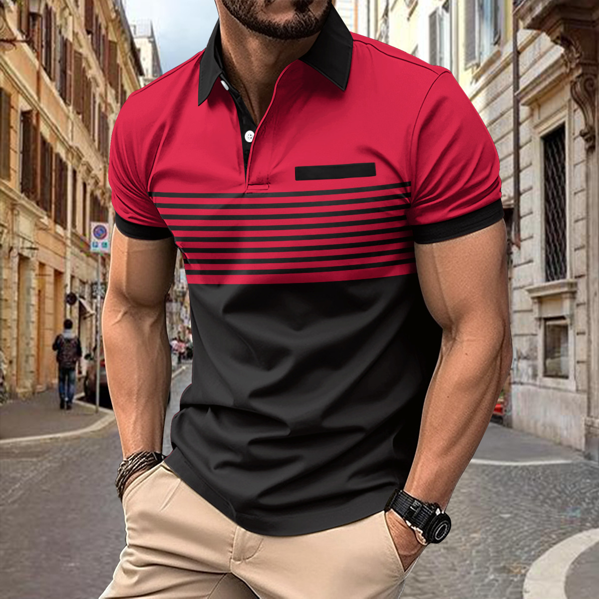 Herren Kurzarm Polohemd mit Kragen und Streifenoptik