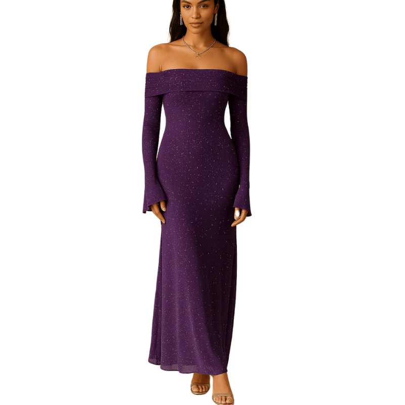 Maxikleid Damen Off Shoulder – Pailletten mit Flounce Ärmeln