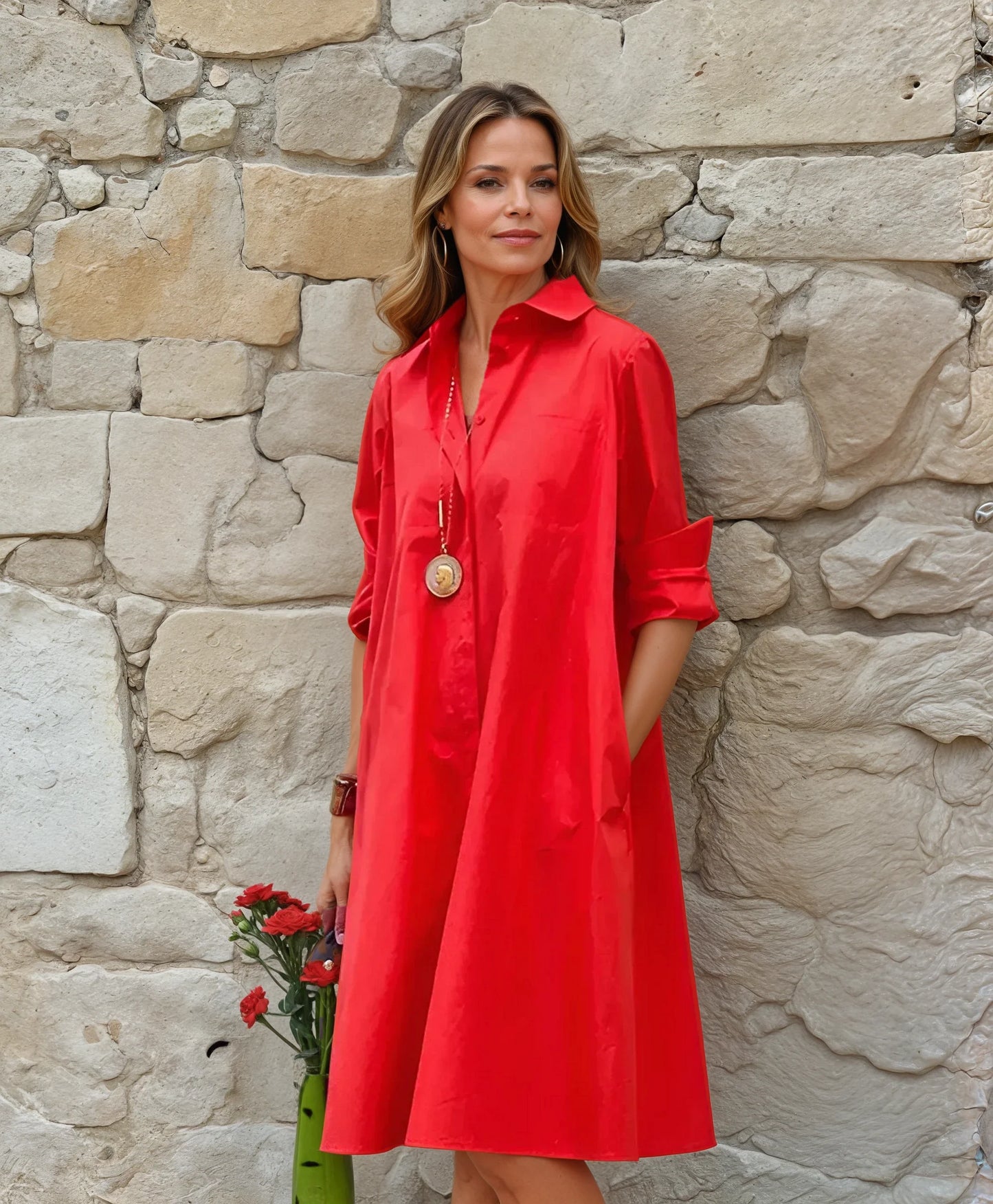 Damen Hemdblusenkleid mit Taschen aus Baumwolle locker geschnitten