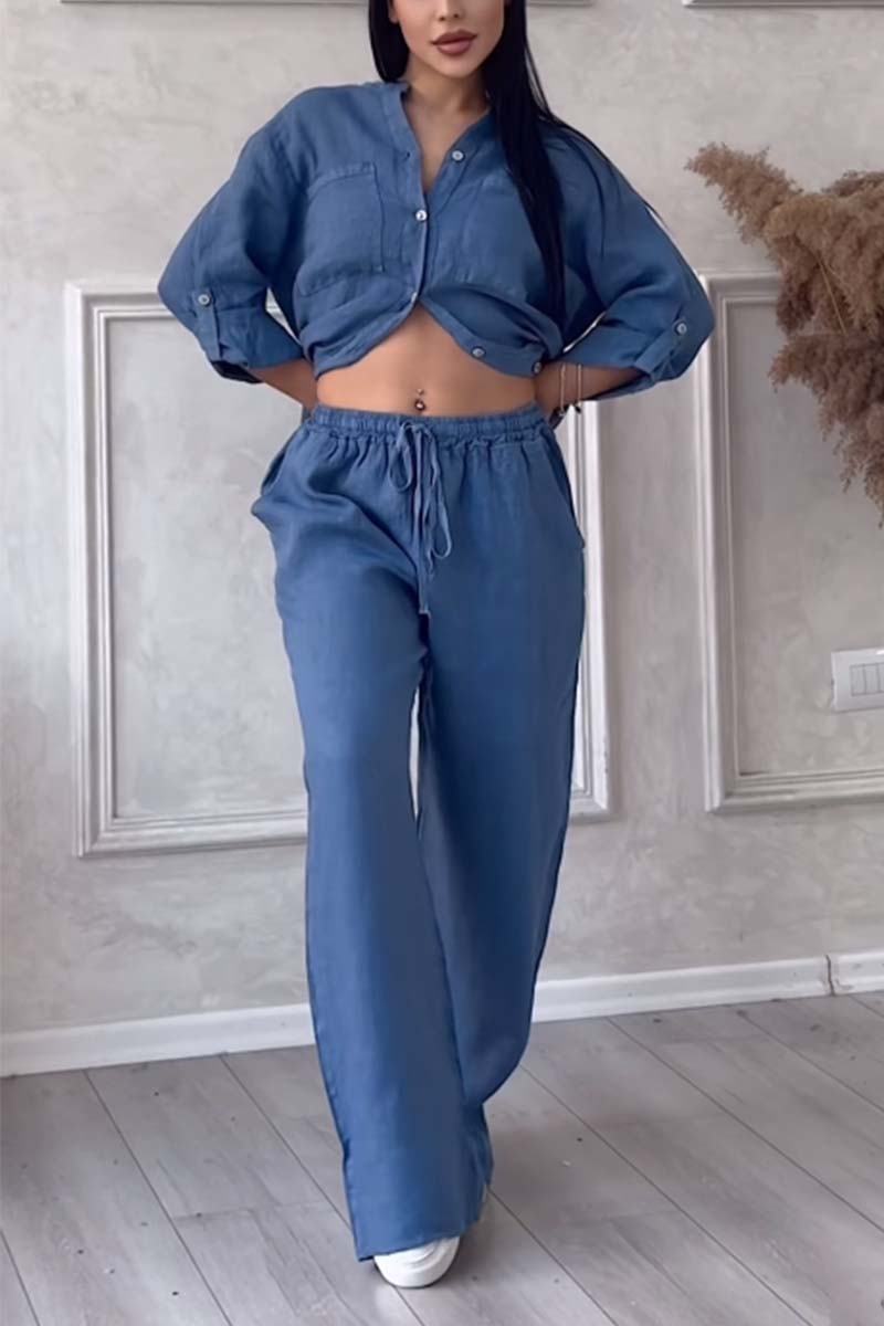 Zweiteiler Damen Leinen Set mit Bluse und Hose