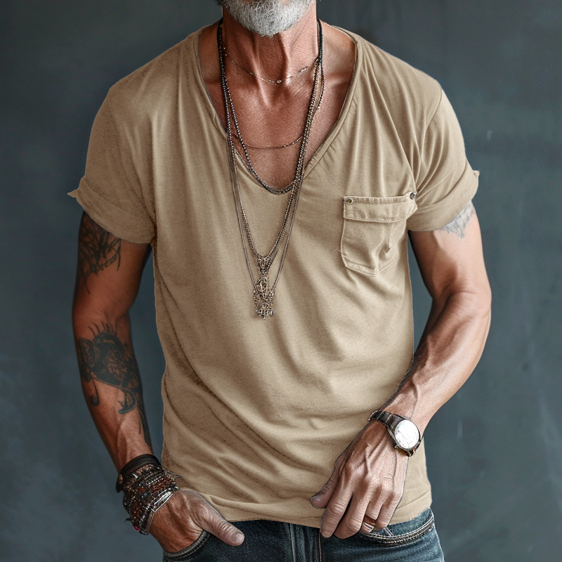 Herren T-Shirt mit V-Ausschnitt und Brusttasche aus Baumwolle