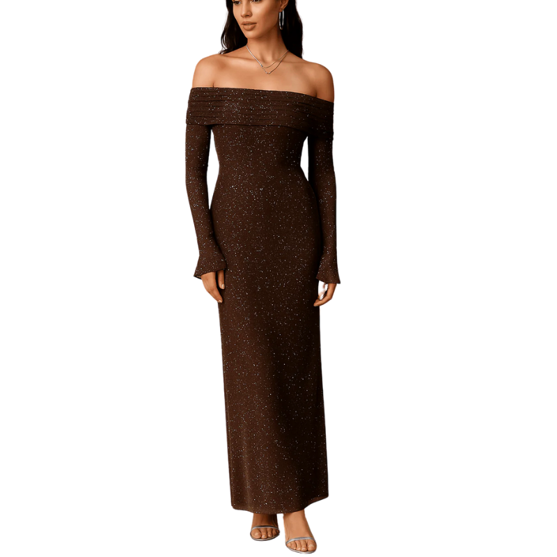 Maxikleid Damen Off Shoulder – Pailletten mit Flounce Ärmeln