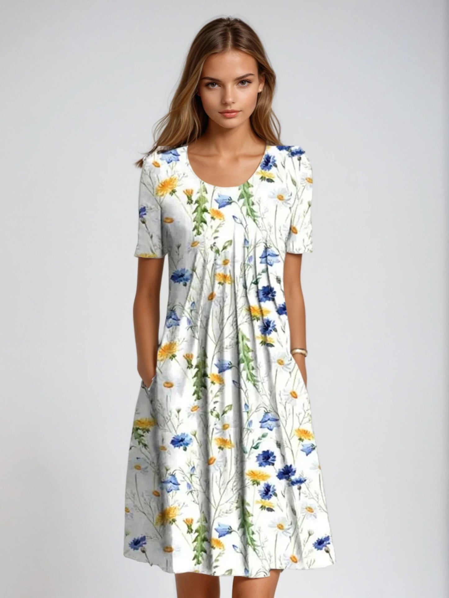 Damen Sommerkleid mit Blumenmuster aus Baumwolle mit kurzen Ärmeln