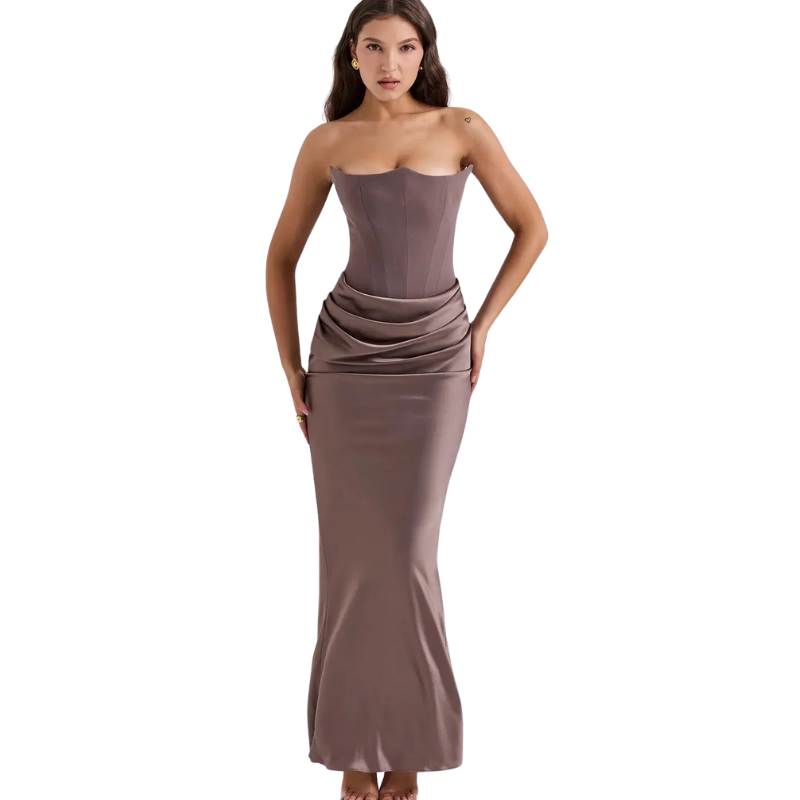 Schulterfreies Satin-Maxikleid mit Drapierung