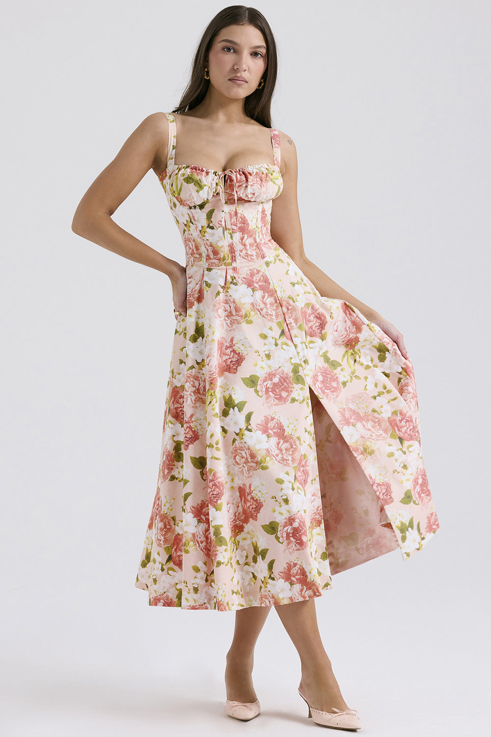 Midikleid mit Blumendruck und Schlitz
