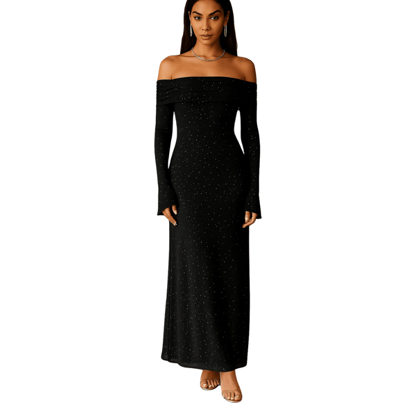 Maxikleid Damen Off Shoulder – Pailletten mit Flounce Ärmeln