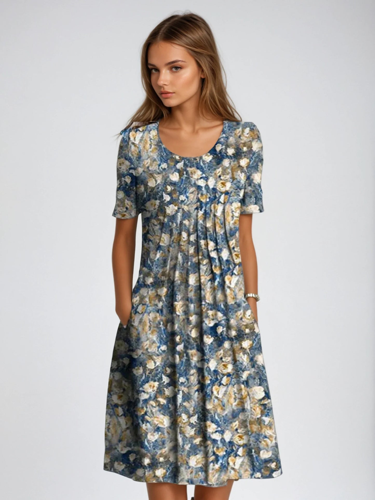 Damen Sommerkleid mit Blumenmuster aus Baumwolle mit kurzen Ärmeln