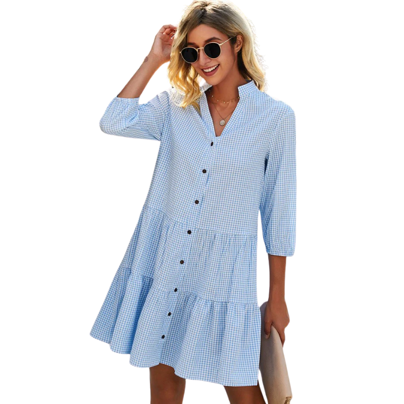 Damen Hemdblusenkleid mit Vichy-Karo und Stehkragen