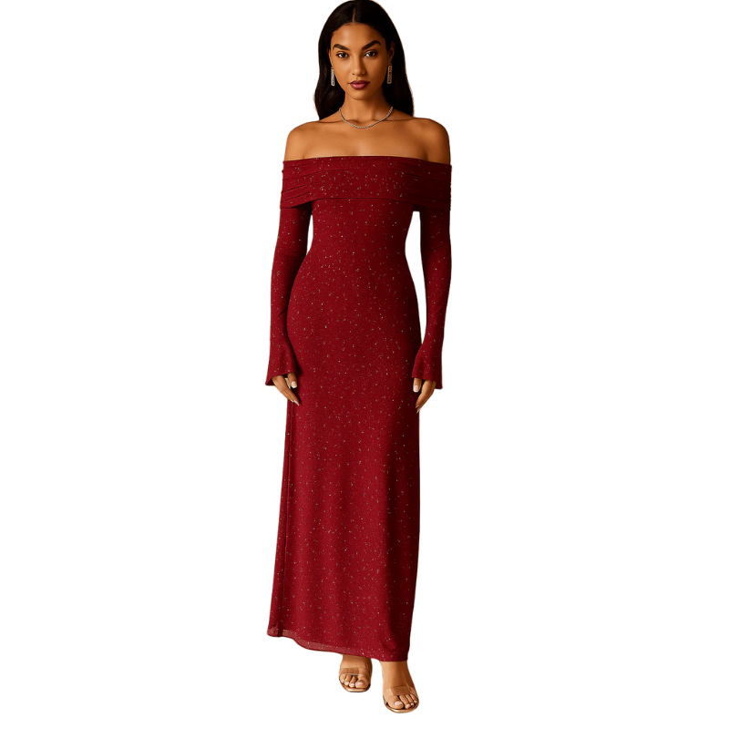 Maxikleid Damen Off Shoulder – Pailletten mit Flounce Ärmeln