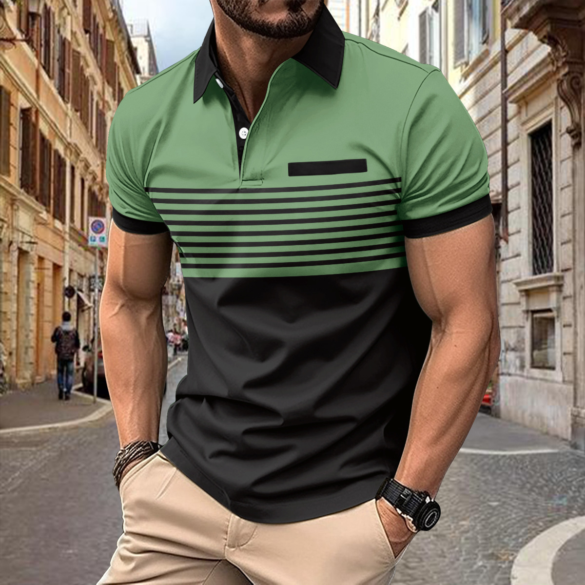 Herren Kurzarm Polohemd mit Kragen und Streifenoptik