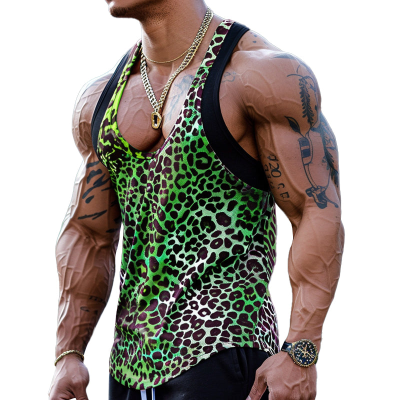 Herren Tanktop mit Leopardenmuster und U-Ausschnitt aus Baumwollmischung