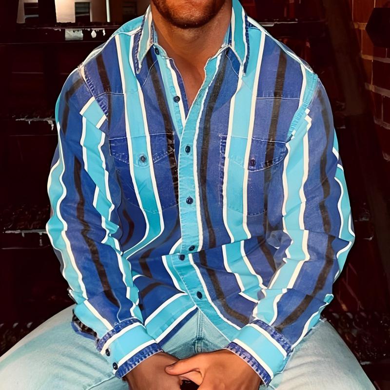 Herrenhemd mit Retro-Farbblock-Streifen und lockerer Passform mit langen Ärmeln