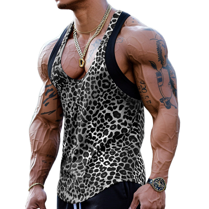 Herren Tanktop mit Leopardenmuster und U-Ausschnitt aus Baumwollmischung