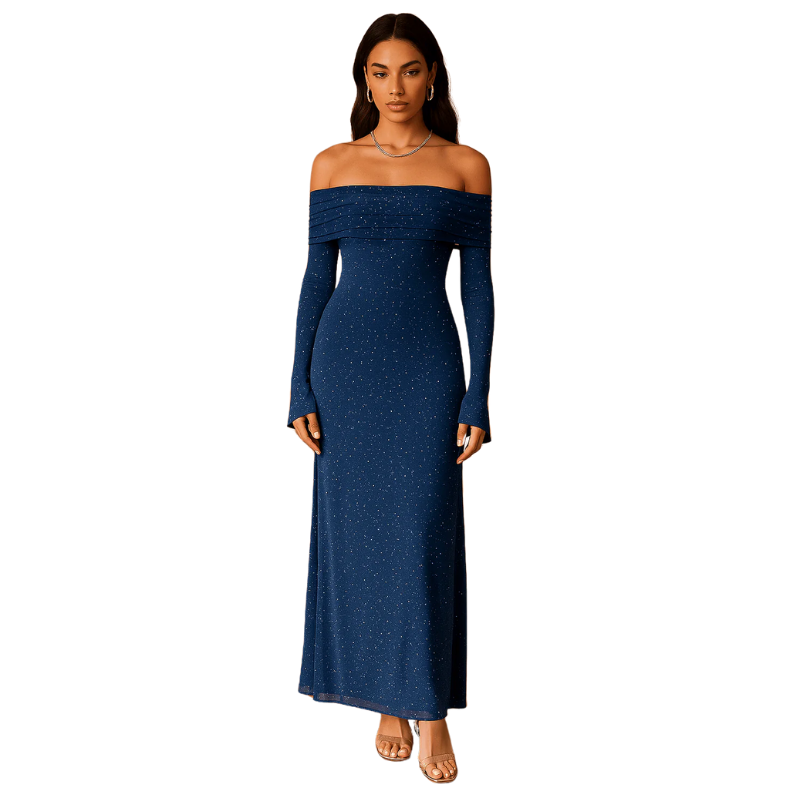 Maxikleid Damen Off Shoulder – Pailletten mit Flounce Ärmeln