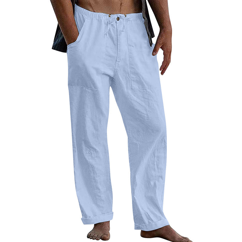 Herren Freizeithose aus Baumwoll-Leinen in Uni-Farbe mit Tunnelzug