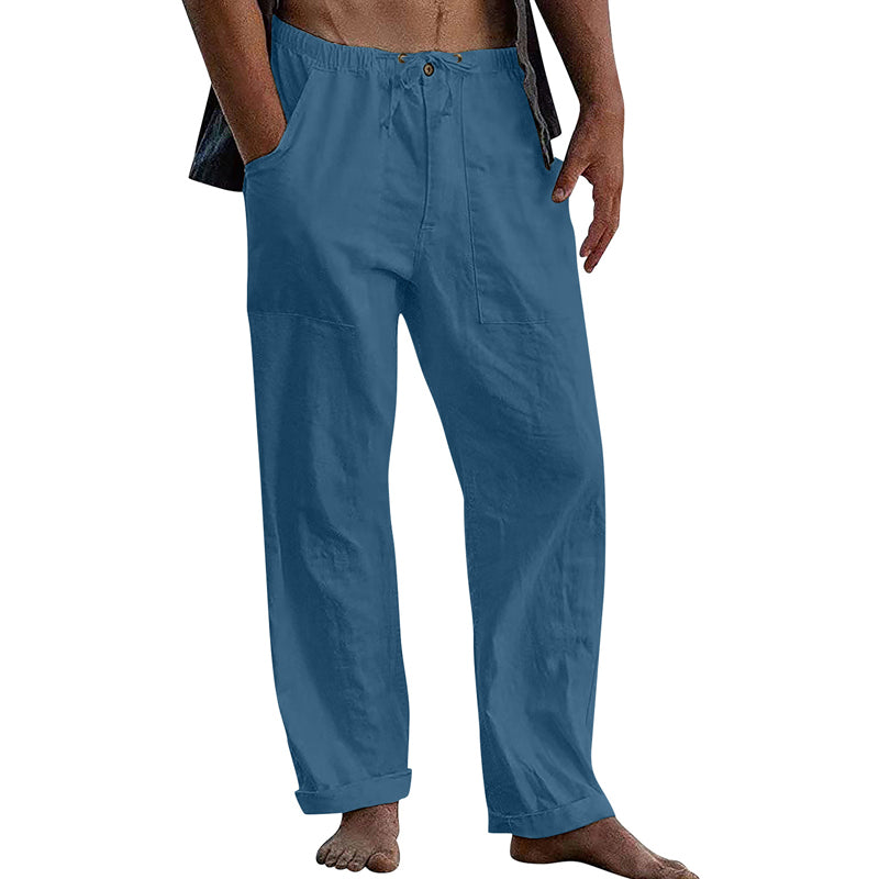 Herren Freizeithose aus Baumwoll-Leinen in Uni-Farbe mit Tunnelzug