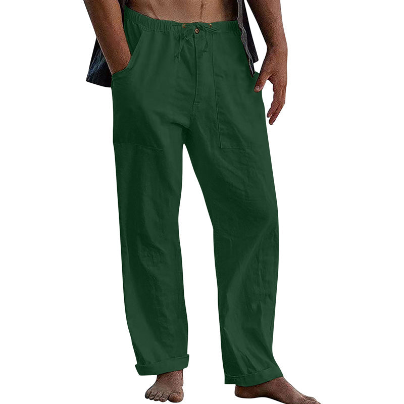 Herren Freizeithose aus Baumwoll-Leinen in Uni-Farbe mit Tunnelzug