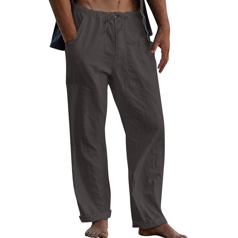 Herren Freizeithose aus Baumwoll-Leinen in Uni-Farbe mit Tunnelzug