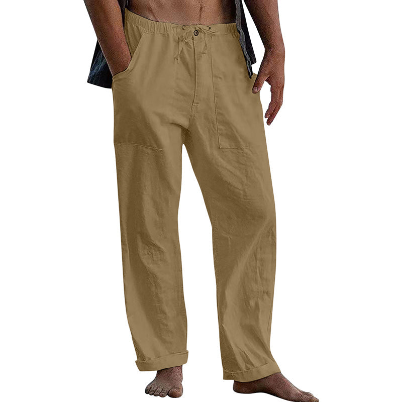 Herren Freizeithose aus Baumwoll-Leinen in Uni-Farbe mit Tunnelzug