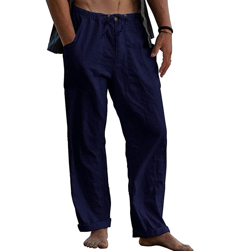 Herren Freizeithose aus Baumwoll-Leinen in Uni-Farbe mit Tunnelzug