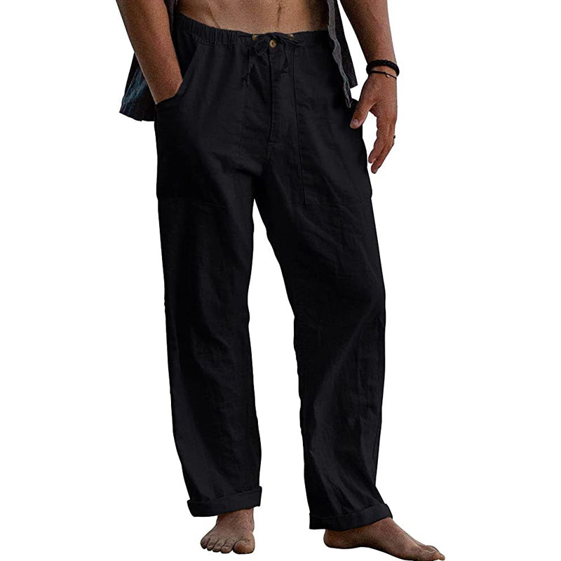 Herren Freizeithose aus Baumwoll-Leinen in Uni-Farbe mit Tunnelzug