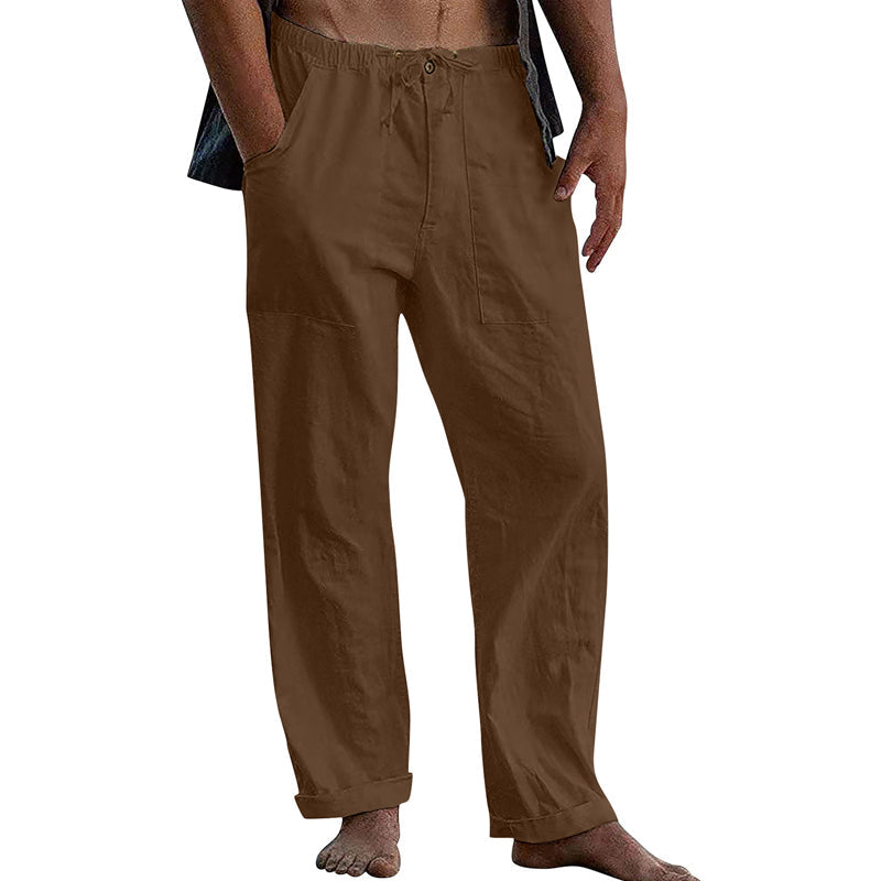 Herren Freizeithose aus Baumwoll-Leinen in Uni-Farbe mit Tunnelzug