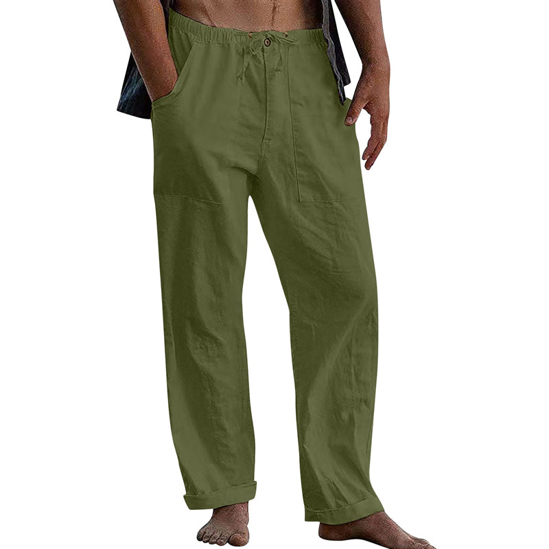 Herren Freizeithose aus Baumwoll-Leinen in Uni-Farbe mit Tunnelzug