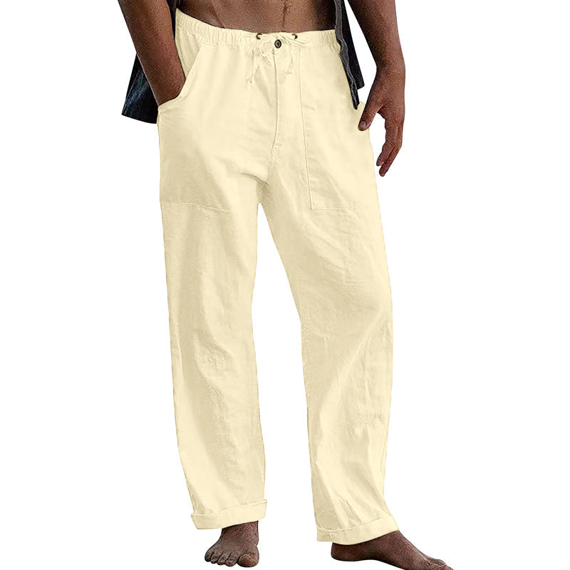 Herren Freizeithose aus Baumwoll-Leinen in Uni-Farbe mit Tunnelzug