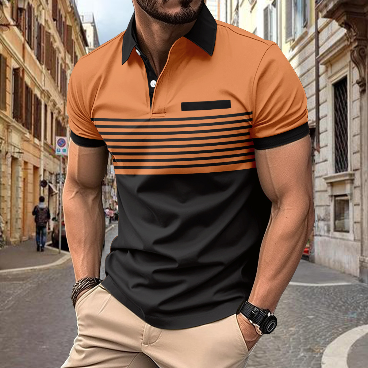 Herren Kurzarm Polohemd mit Kragen und Streifenoptik