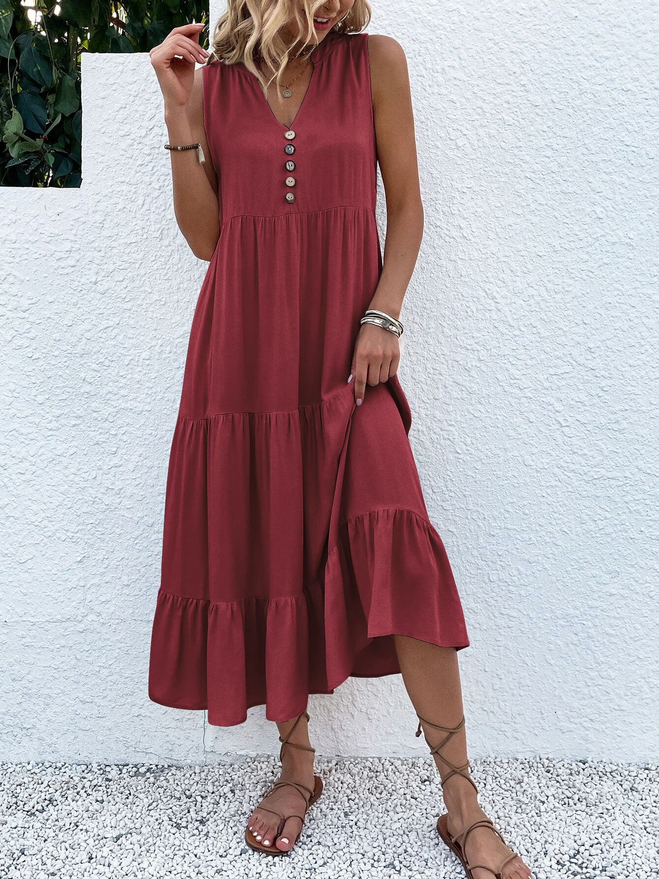 Sommerkleid Damen ärmellos mit Knopfleiste und Stufenrock luftig bequem