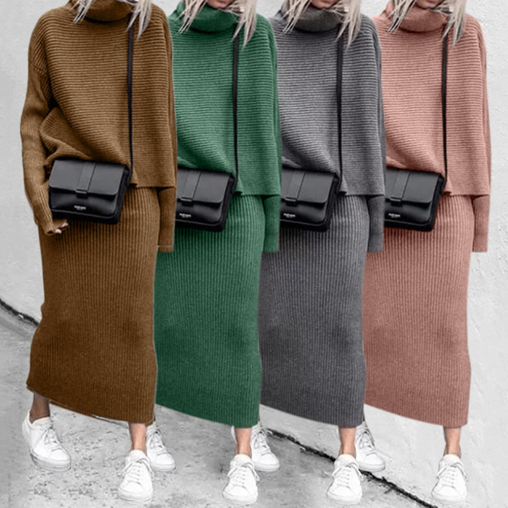 Zweiteiliges Strickset Damen mit lockerem Pullover und Midirock