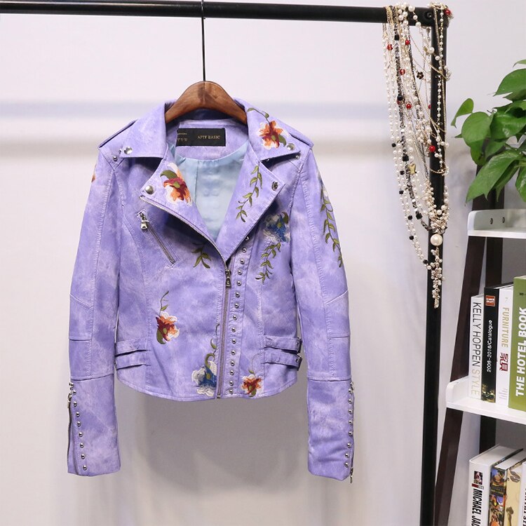 Bestickte Damen Kunstlederjacke im Bikerstil