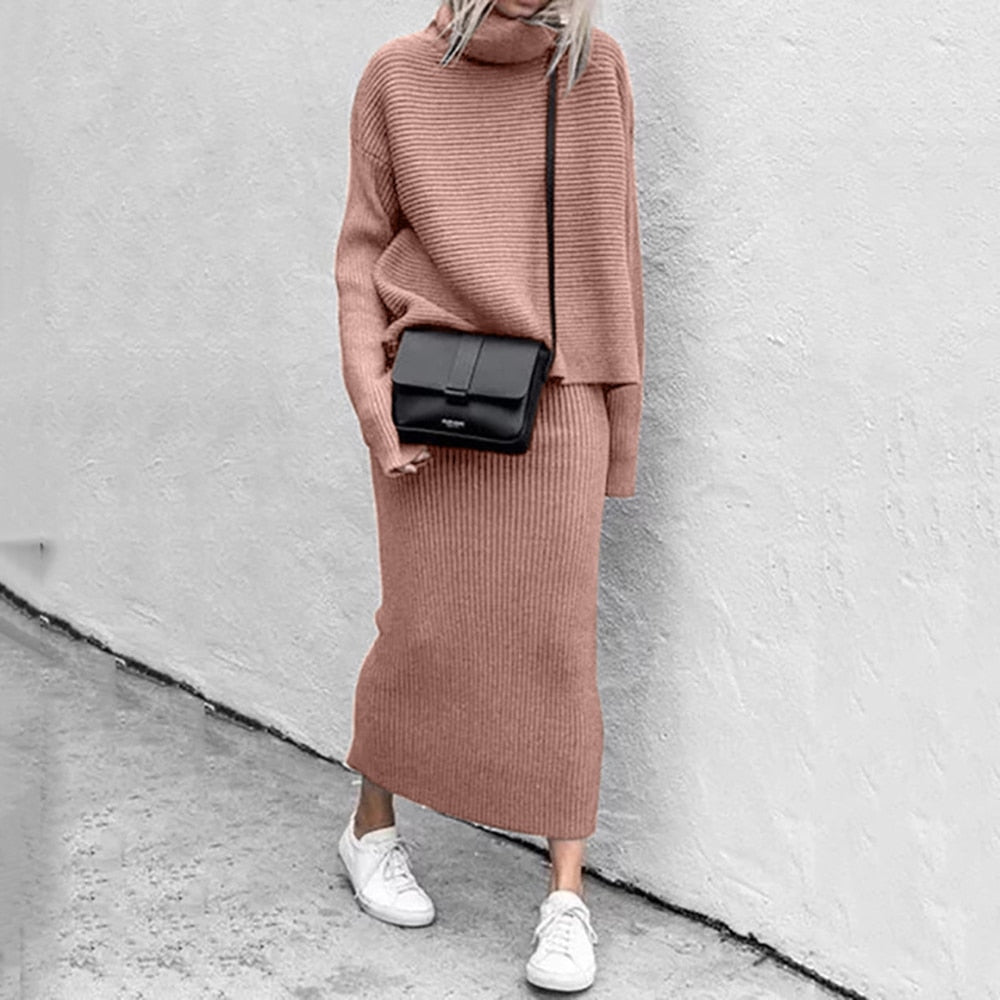 Zweiteiliges Strickset Damen mit lockerem Pullover und Midirock