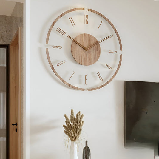 Moderne transparente Wanduhr aus Holz mit leisem Uhrwerk
