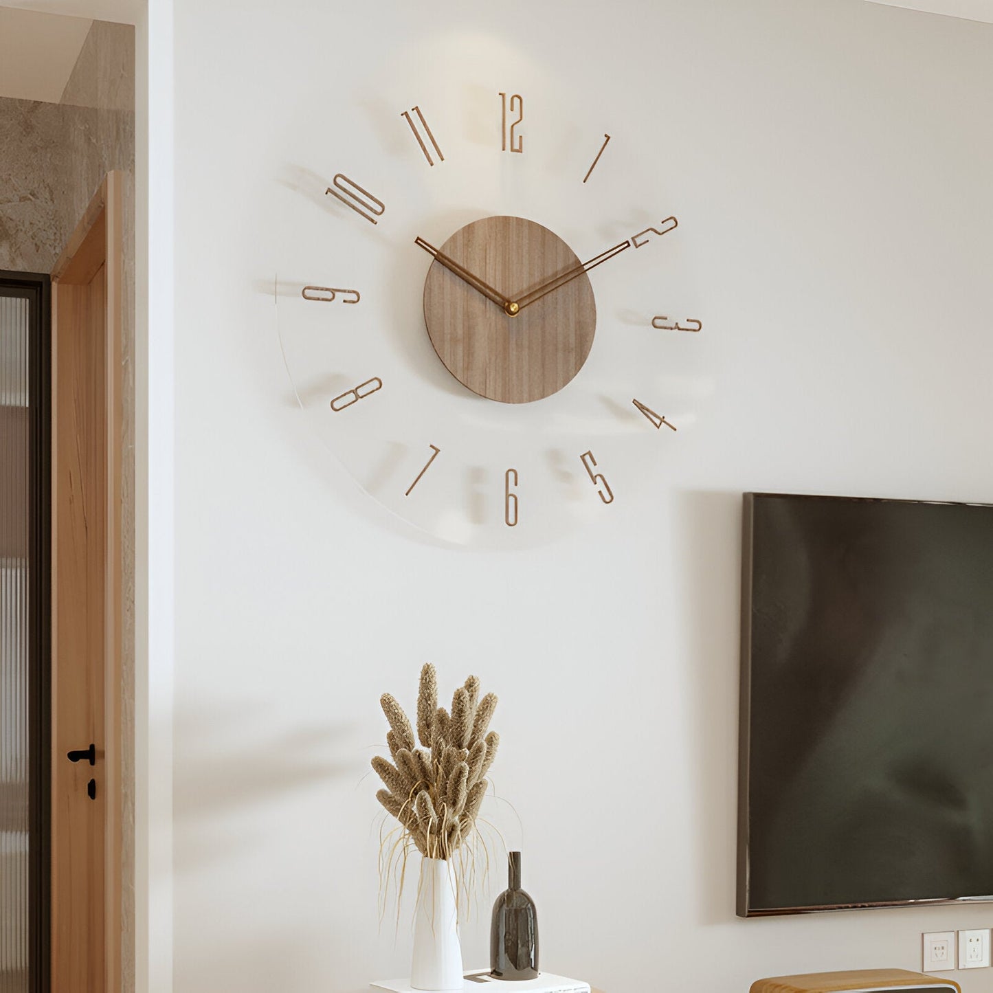 Moderne transparente Wanduhr aus Holz mit leisem Uhrwerk