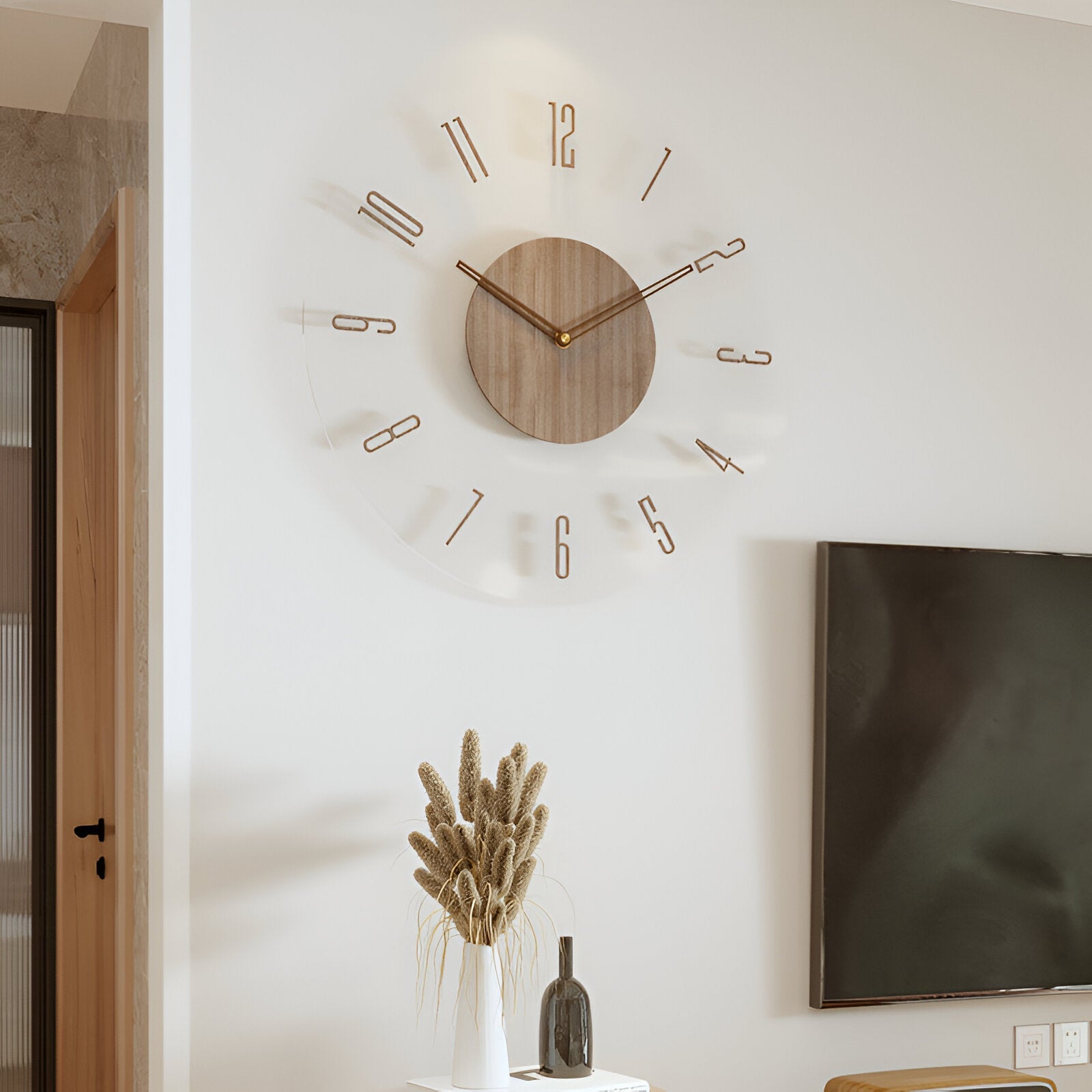 Moderne transparente Wanduhr aus Holz mit leisem Uhrwerk