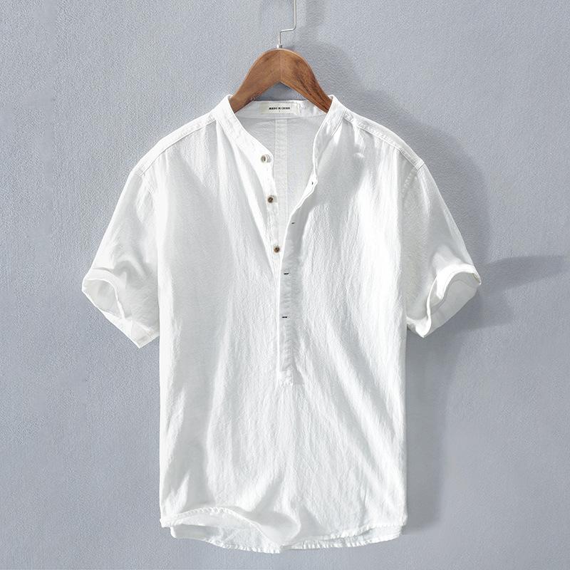 Herren Baumwoll Leinen Shirt mit Stehkragen Kurzarm