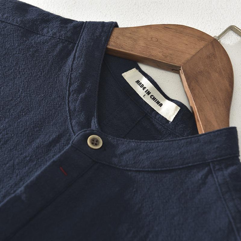Herren Baumwoll Leinen Shirt mit Stehkragen Kurzarm