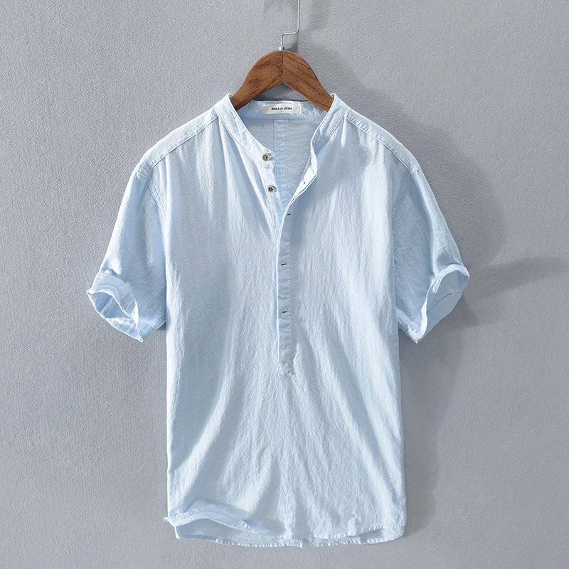 Herren Baumwoll Leinen Shirt mit Stehkragen Kurzarm