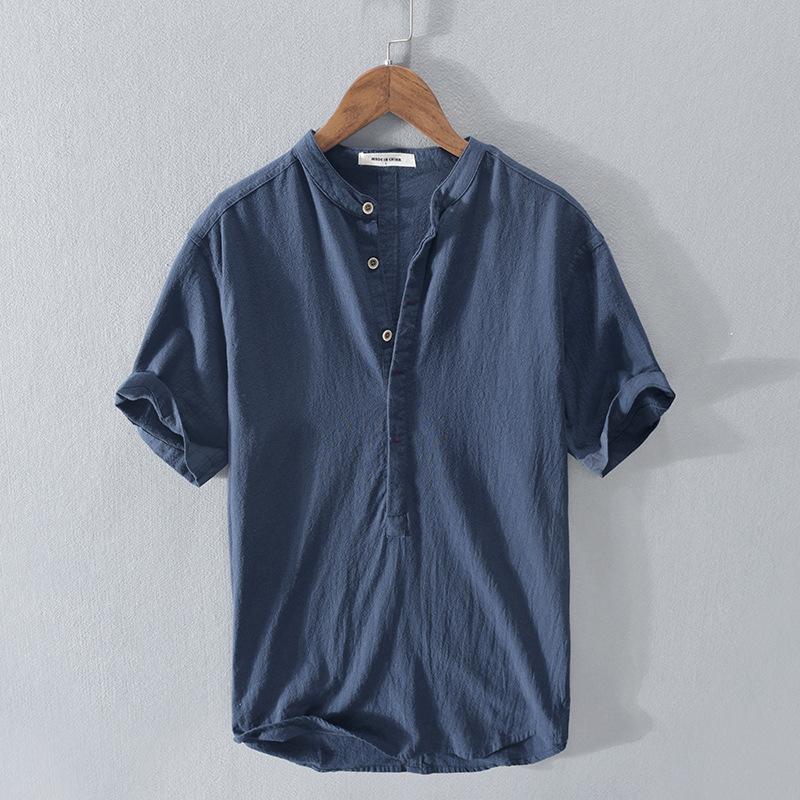 Herren Baumwoll Leinen Shirt mit Stehkragen Kurzarm